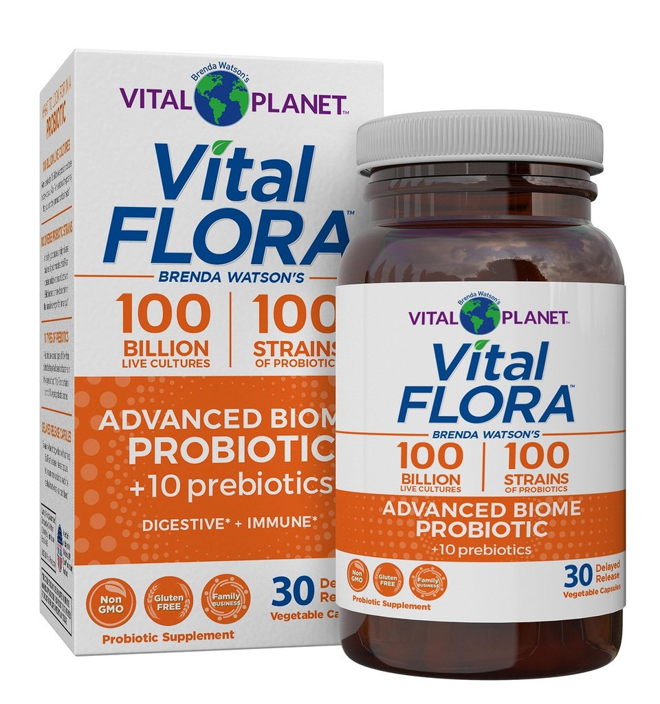 Vital Planet - Vital Flora Advanced Biome Probiotic 100 Billion CFU, 100 Diverse Strains, 10 Organic Prebiotics, Immune Support, Colon and Digestive Health Probiotics for Women and Men 30 Κάψουλες