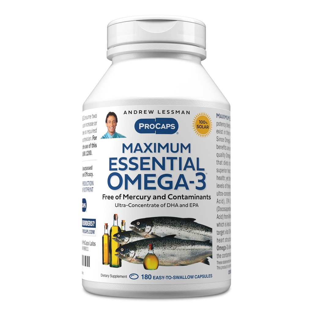 ANDREW LESSMAN Maximum Essential Omega-3 Unflavored, 180 Softgels - Ultra-Pure Omega-3 Fish Oil 1200 mg-High DHA, No Mercury Small, Easy to Swallow Fish Oil Capsules