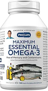 ANDREW LESSMAN Maximum Essential Omega-3 Unflavored, 180 Softgels - Ultra-Pure Omega-3 Fish Oil 1200 mg-High DHA, No Mercury Small, Easy to Swallow Fish Oil Capsules