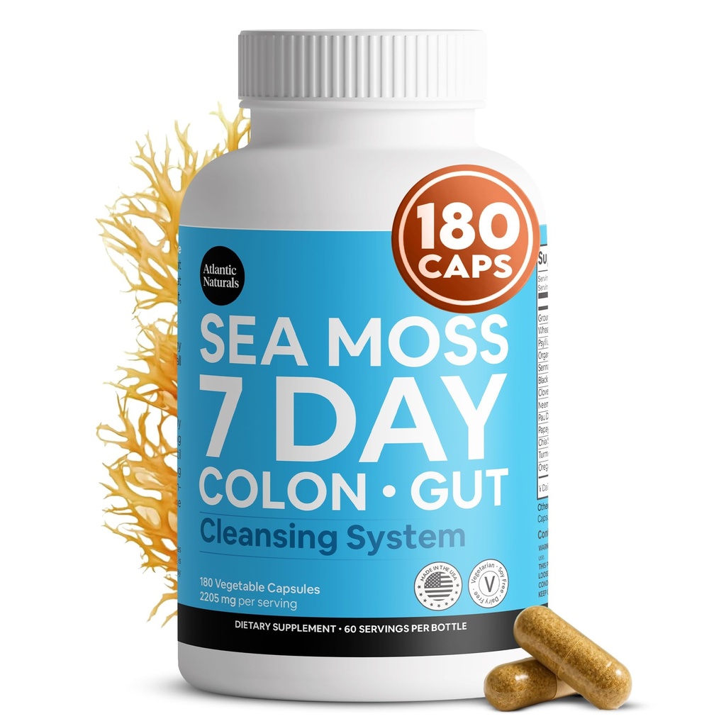 Atlantic Naturals Sea Moss 7 Day Colon & Gut | Enriched with Psyllium Husk, Senna Powder, Turmeric & Herbs | Supports Digestive Health, Bloating, & Natural Flushing for Women & Men | 180 Capsules
