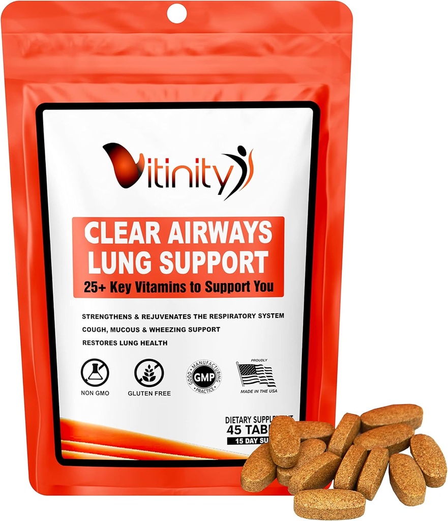 VITINITY Πνευμόνων Καθαρίστε το αναπνευστικό ανοσοποιητικό συμπλήρωμα υποστήριξης, 25+Βασικό συστατικό Lung Health Detox για αναπνοή, άσθμα, Εποχική Αλλεργία Tablet(15 Ημέρα)