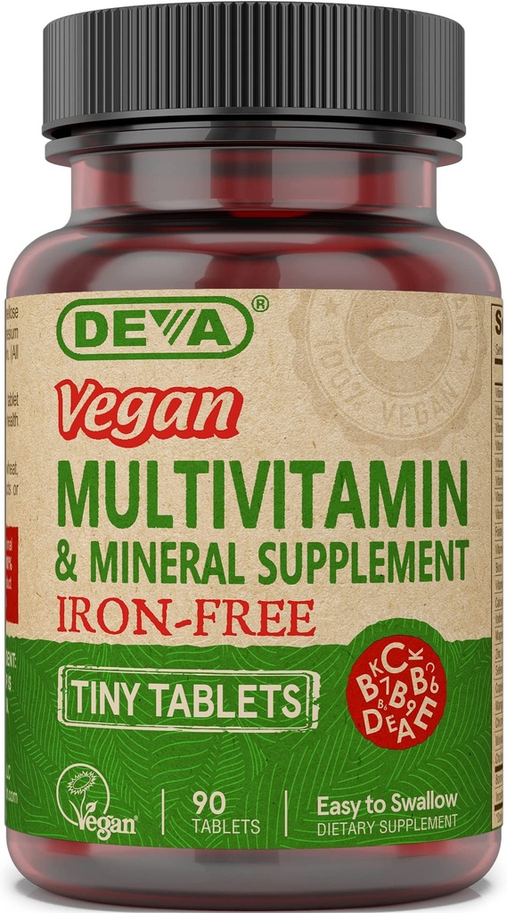 DEVA Vegan Iron-free Multivitamin & Mineral Supplement, Vitamin C, D2, E & B- Complex, Biotin, 90 Tiny Tablets