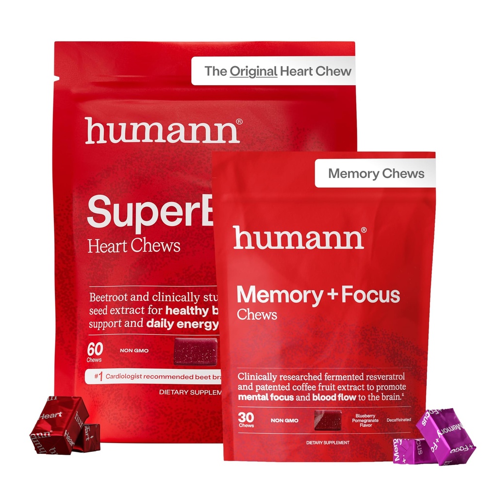 Humann SuperBeets Heart Chews & Memory + Focus Chews, with Beet Root Powder and clinically Studied nootropics, Nitric Oxide Support, Mental Alertness, 90 Count