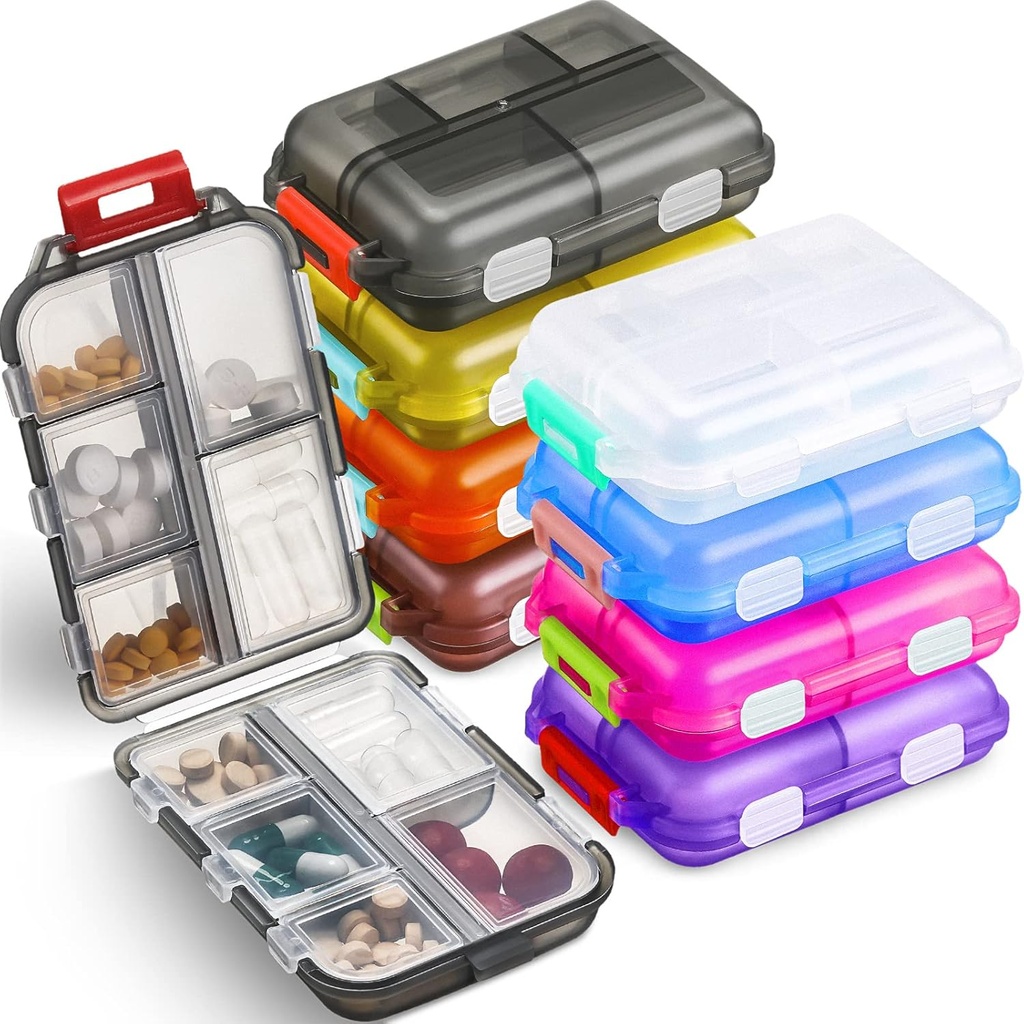 Meekoo 8 Pcs Travel Pill Organizer Pocket Portable Pill Case Καθημερινά εμπορευματοκιβώτιο Μικρή ιατρική εμπορευματοκιβωτίων Ταξιδέψτε με 10 διαμερίσματα για Purse Fish Oil Medicine (Multicolor)