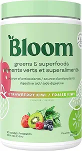 Bloom Nutrition Superfood Greens Powder, Digestive Ένζυμα με Προβιοτικά και Πρεβιοτικά, Υγεία των Ούλων, Αναπλήρωση Ανακούφιση για τις γυναίκες, Chlorella, Χυμός Μίγμα με Σκόνη Ρίζας Σκόνης, 25 SVG, Φράουλα Kiwi