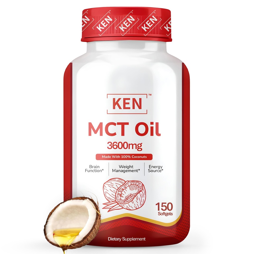KEN Premium MCT Oil Supplement, 3600 MG Softgel, Keto Supplements for Ketosis from Pure Coconut Oil, Weight Management, Brain Fuel and Metabolic Support, Non-GMO, 150 Softgels