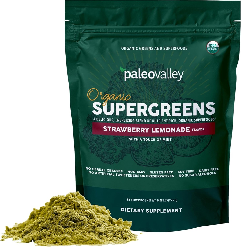 Paleovalley Organic Supergreens - Βιολογικά Πράσινα Σκόνη Superfood για την υποστήριξη του ανοσοποιητικού - Paleo Green Powder Blend - 28 Σερβιέτες - 23 Βιολογικά Superfoods - Χωρίς γλουτένη, Χωρίς δημητριακά, σόγια ή σιτηρά
