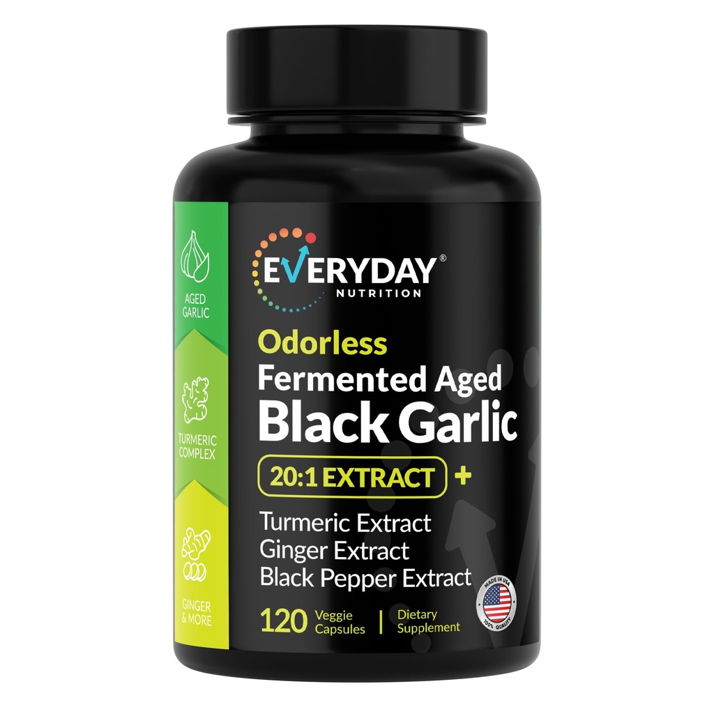 Odorless Fermented Aged Black Garlic Extract with Turmeric Complex, Ginger, Black Pepper Extract, 120 Veggie Capsules