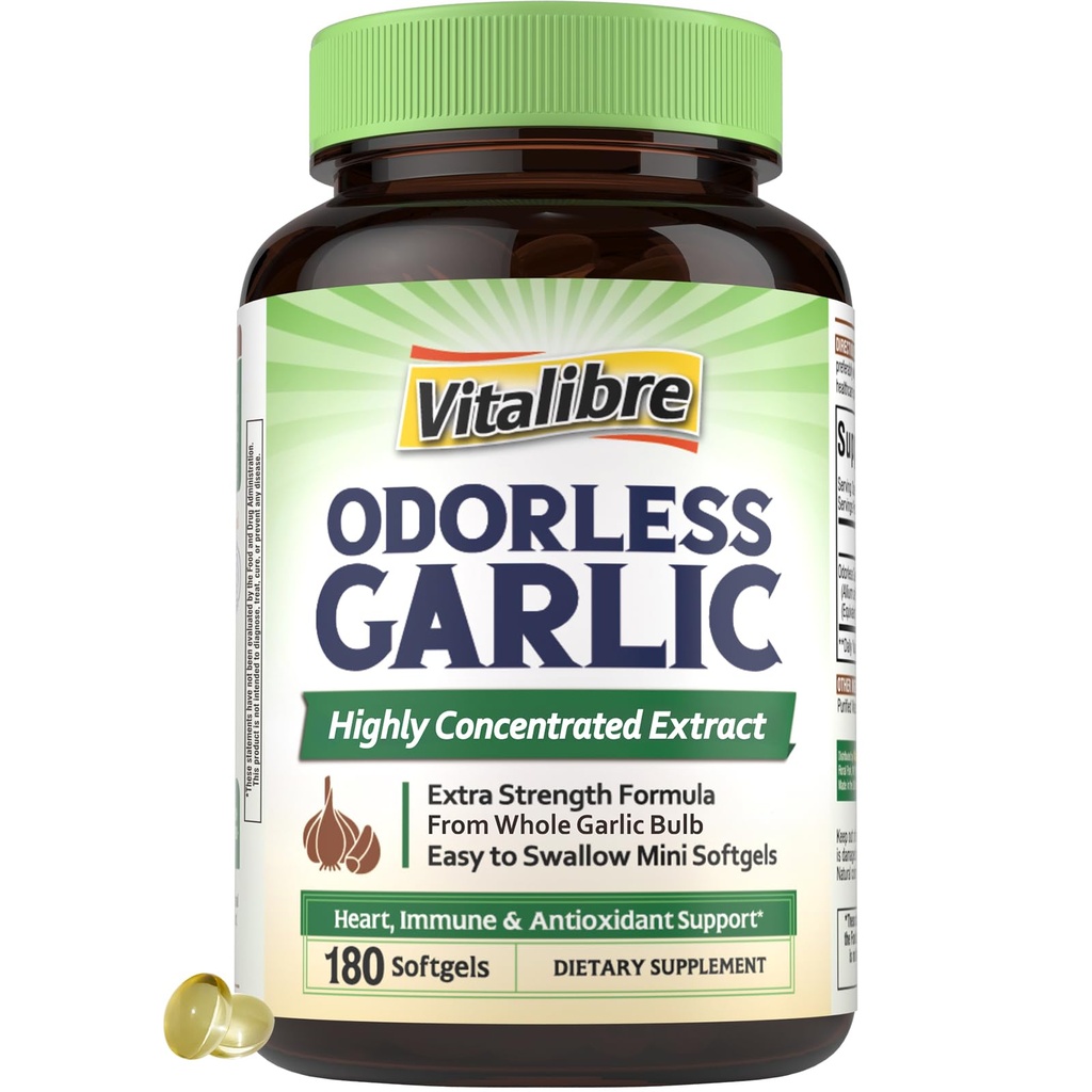 Vitalibre Odorless Garlic, Extra Strength Extract, Non-GMO, No Gluten, Heart & Immunity, Antioxidant Defense, 180 Softgels
