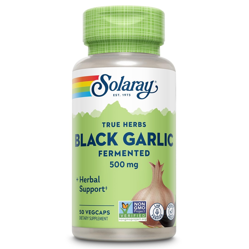 SOLARAY Black Garlic 500 mg - Fermented for Easier Digestion and Mellow Aftertaste - Antioxidant Garlic Supplements - Non-GMO, Vegan, Lab Verified - 60-Day Guarantee - 50 Servings, 50 VegCaps