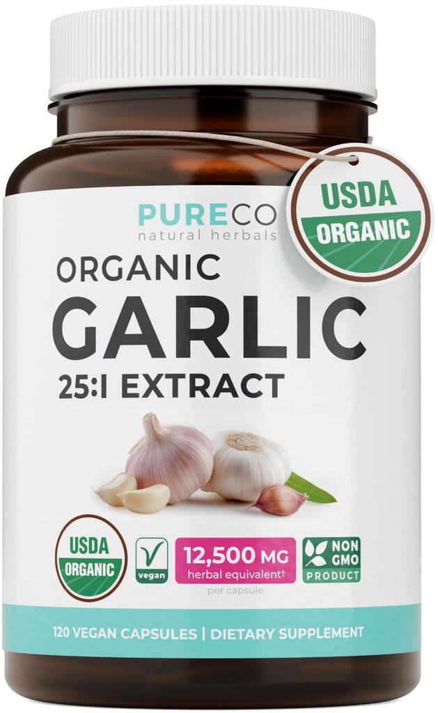PURE CO USDA Organic Garlic Supplement - High Potency Organic Garlic 25:1 Extract 500mg Per 1 Capsule Serving - Immune & Heart Support - Odorless Vegan Garlic Pills & Non-GMO (4 Month Supply)