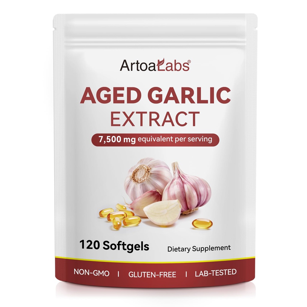 Aged Garlic Extract Softgels, 15:1 Concentrated Odorless Garlic Supplement for Cardiovascular Health & Immune Support, 120 Easy-to-Swallow Softgels (60-Day Supply)