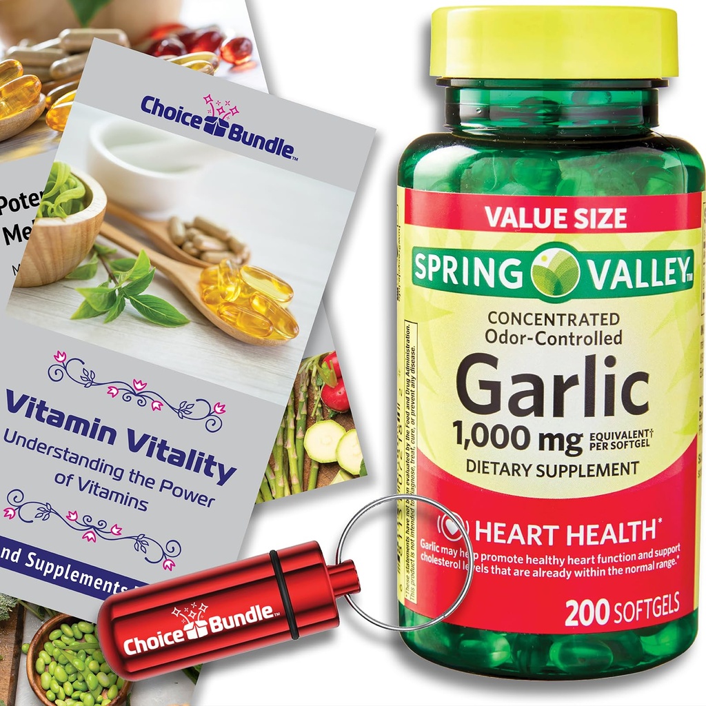 Choice Bundle Odor-Controlled Garlic Softgels for Heart Health Dietary Supplement 1,000mg 200 Ct Plus Vitamin Vitality & Pill Container (3 Items)!