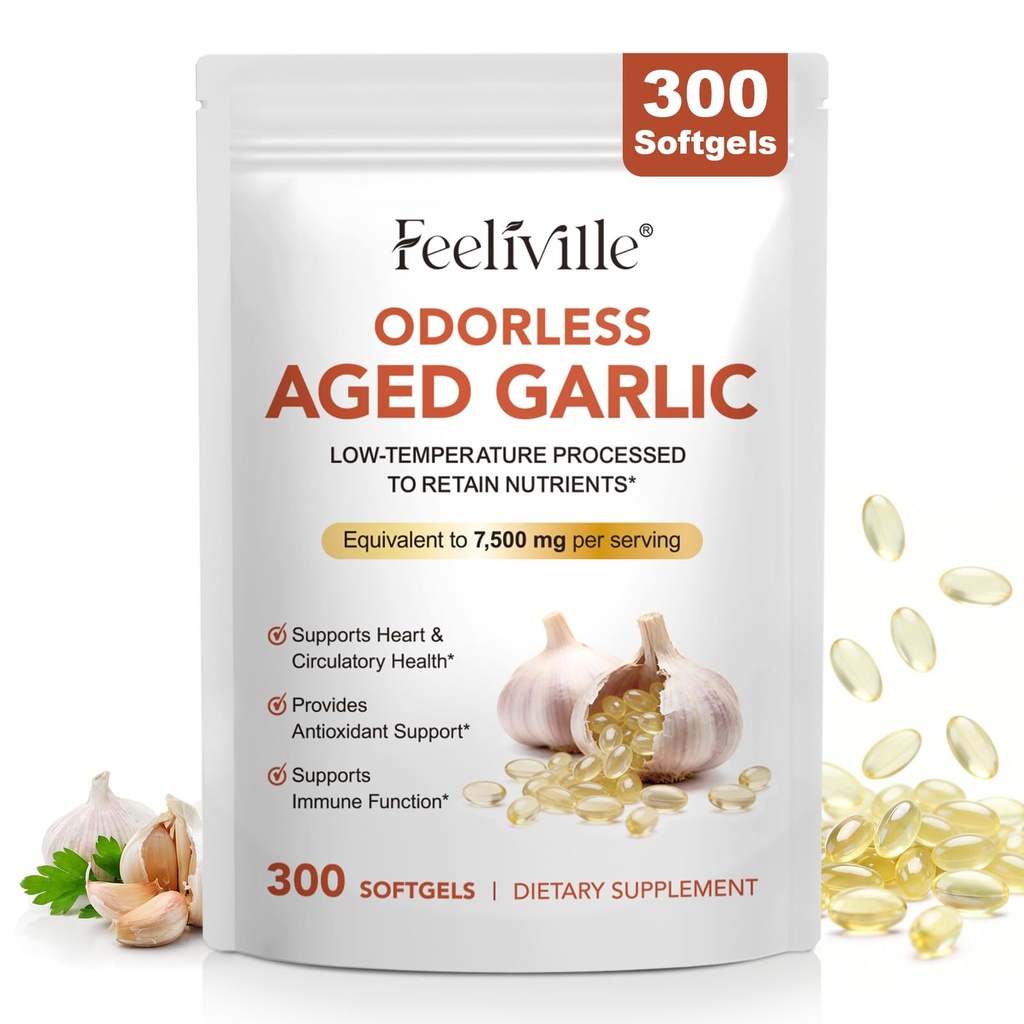 Aged Garlic Extract Capsules, 7500mg Odorless Garlic Capsules 300 Softgels - Heart & Immune Support, Antioxidant, Vegetarian, Non-GMO, All-Natural Softgels