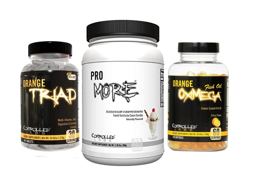 CONTROLLED LABS Bundle - Orange Triad (30 Serv), Orange Oximega Fish Oil (120 softgels), PROmore Protein (27 Serv) French Vanilla Ice Cream Sundae