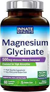 Innate Vitality Magnesium Glycinate 500mg | 70mg Elemental Magnesium Supplement- High Absorption, Non Buffered, Non-GMO & No Gluten - Nerve, Bone & Heart Health - 60 Vegan Capsules Magnesio
