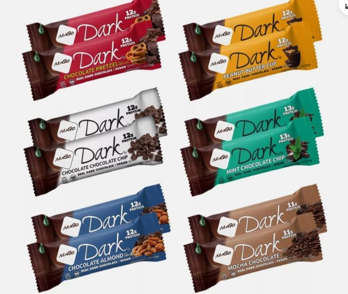 Variety Pack Protein Dark Bars "Made for Nugo Nutrition " 12 Count – Flavors: Chocolate Chip, Pretzel, Mint, , Mocha, Peanut Butter, Coconut, ,or Almond – Kosher Pareve, Dairy-Free, Vegan, Gluten-Free, "The Kitchen Queen" Packaging