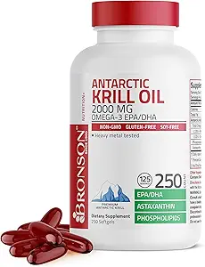 Bronson Ανταρκτική Krill Oil 2000 mg με Omega-3s EPA, DHA, Ασταξανθίνη και φωσφολιπίδια, 250 Softgels (125 Services)