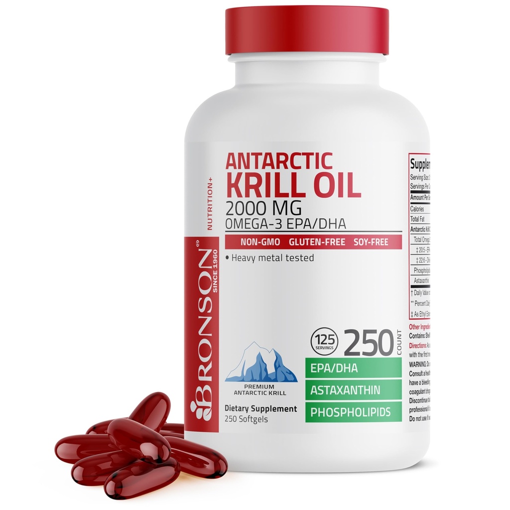 Bronson Antarctic Krill Oil 2000mg with Omega-3s EPA, DHA, Astaxanthin and Phospholipids 250 Softgels