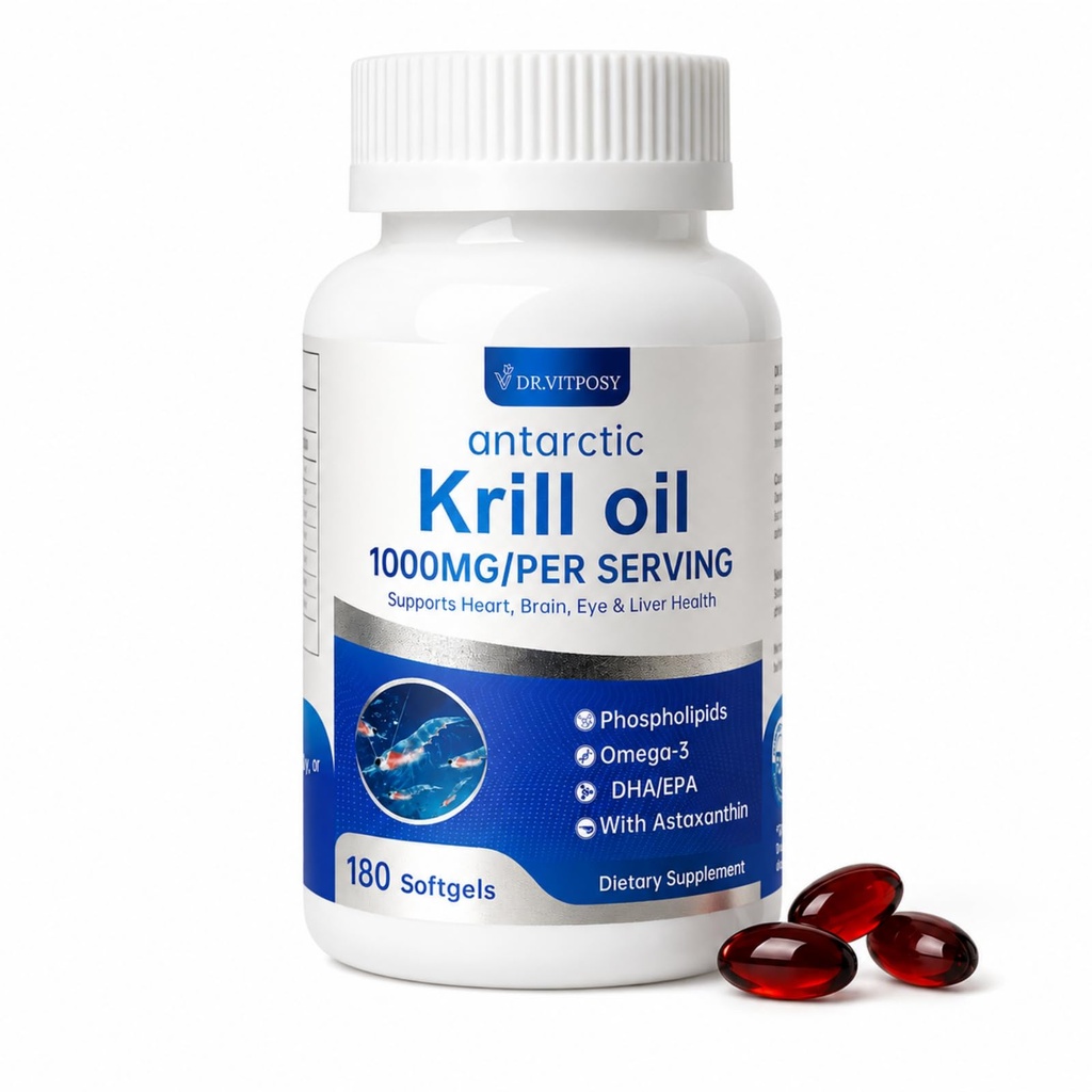 Antarctic Krill Oil 180 Softgels | 1000mg Per Serving, Omega-3 EPA DHA Choline Astaxanthin & Phospholipids, Mercury Free, No Fishy Aftertaste, Supports Joint, Heart, Brain & Immune Health