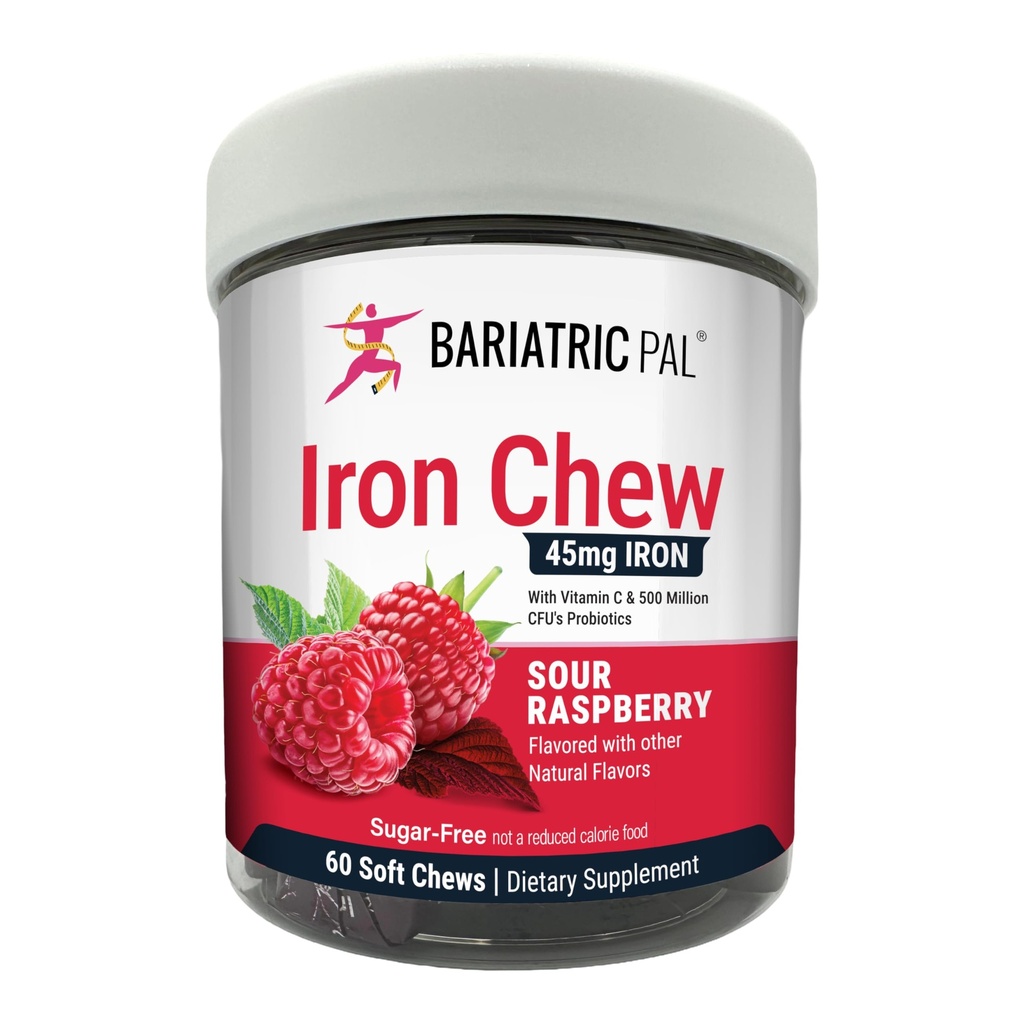 BariatricPal Sugar-Free Iron Soft Chews 45mg with Vitamin C & Probiotics - Sour Raspberry (60 Count)