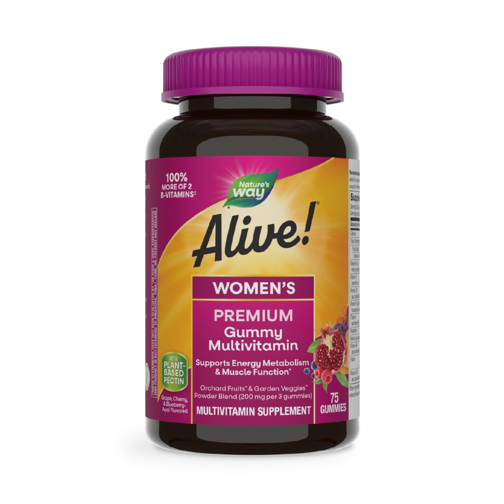 Nature's Way Alive! Premium Women’s Gummy Multivitamin Supplement, Supports Energy Metabolism*, Muscle Function*, B-Vitamins, Grape, Cherry, & Blueberry-Acai Flavored, 75 Gummies (Packaging May Vary)