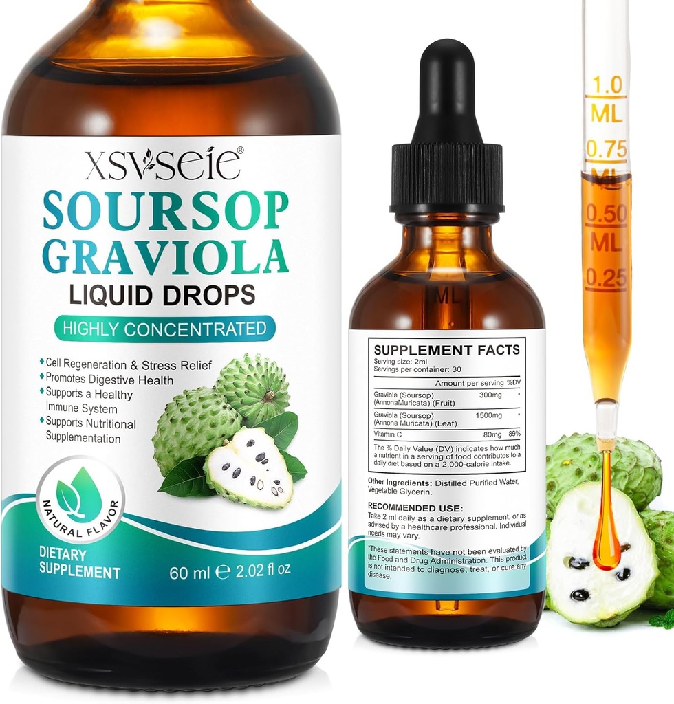 Soursop Graviola Liquid Drop, Λάδι soursop για την υποστήριξη και την αναγέννηση, ανοσοενίσχυση, χαλάρωση, συκώτι και ύπνο, Bitters Soursop Liquid, Vegan, ζάχαρη & γλουτένη, φυσικό άρωμα, για άνδρες & γυναίκες-2 Fl Oz