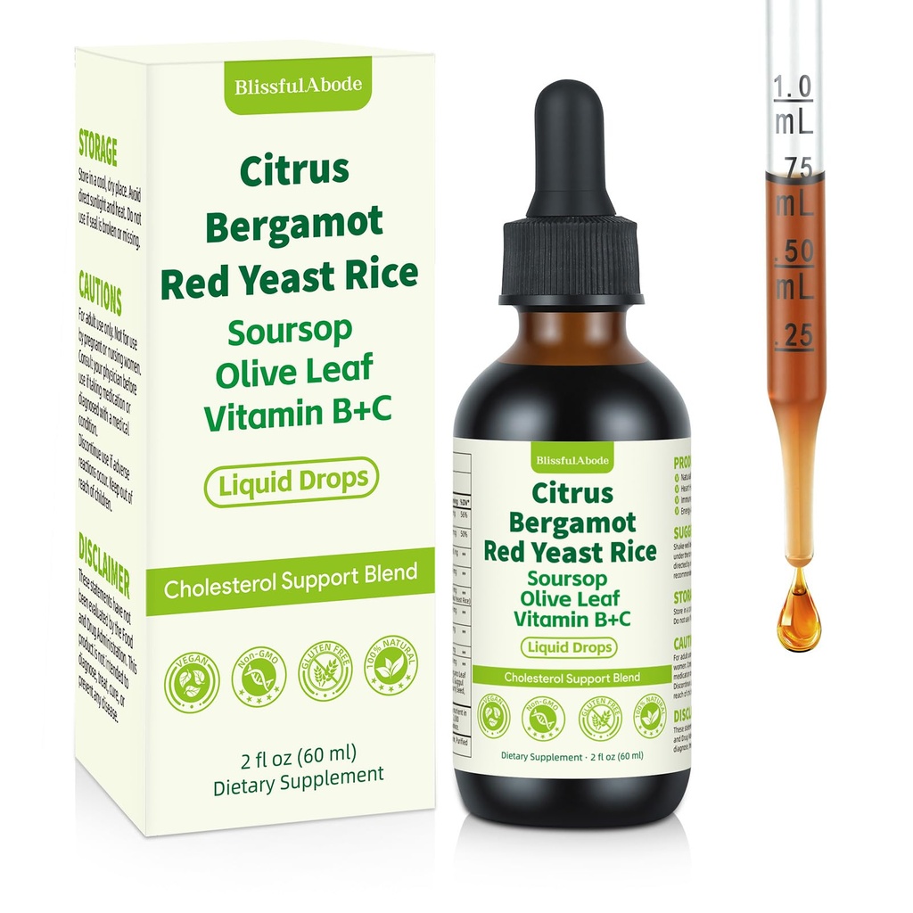 Red Yeast Rice Drops, Natural Cholesterol Support with Citrus, Soursop, Bergamot & Olive Leaf, 2 fl oz (60ml) Vegan, Non-GMO Supplement with Vitamin B+C