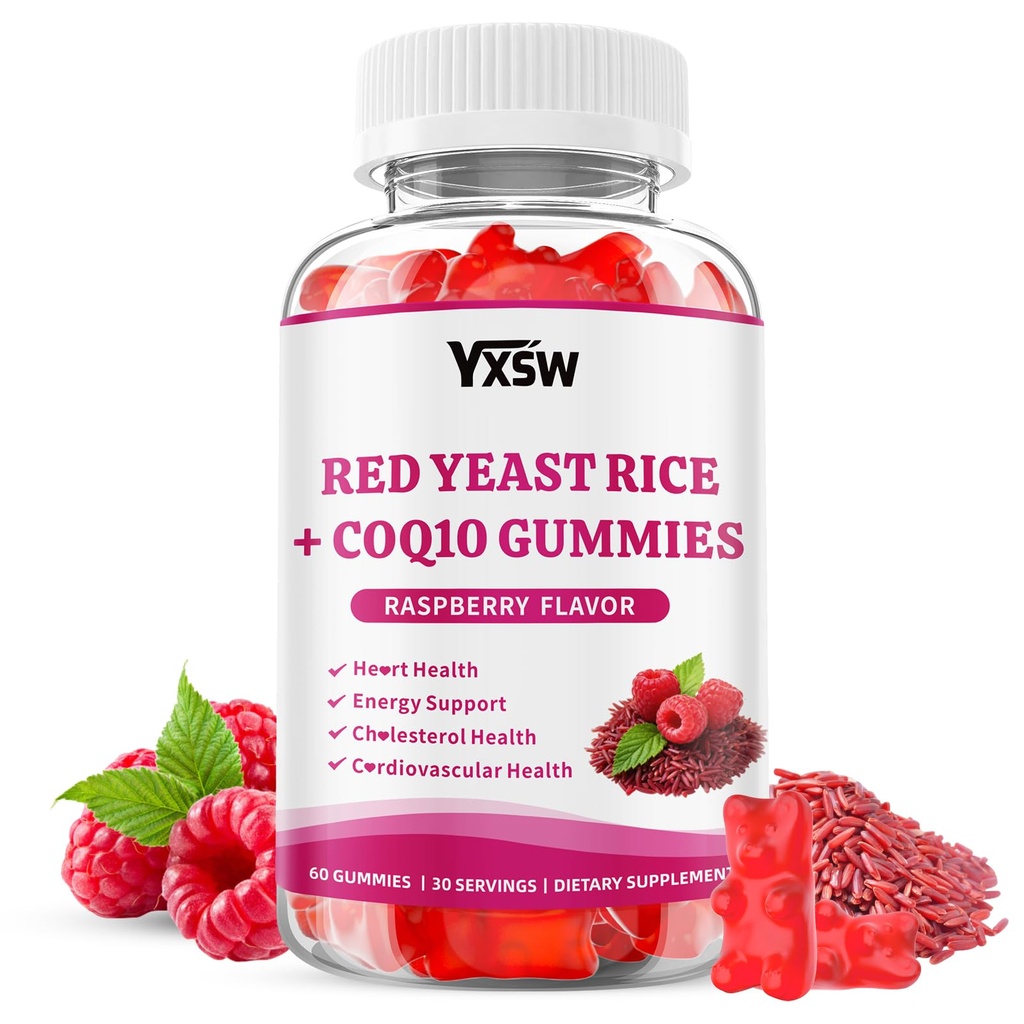Red Yeast Rice with CoQ10 Gummies, Red Yeast Rice 600mg with CoQ10 30mg Supplements for Energy Support, Sugar-Free, Vegan, Raspberry Flavor, 60 Count