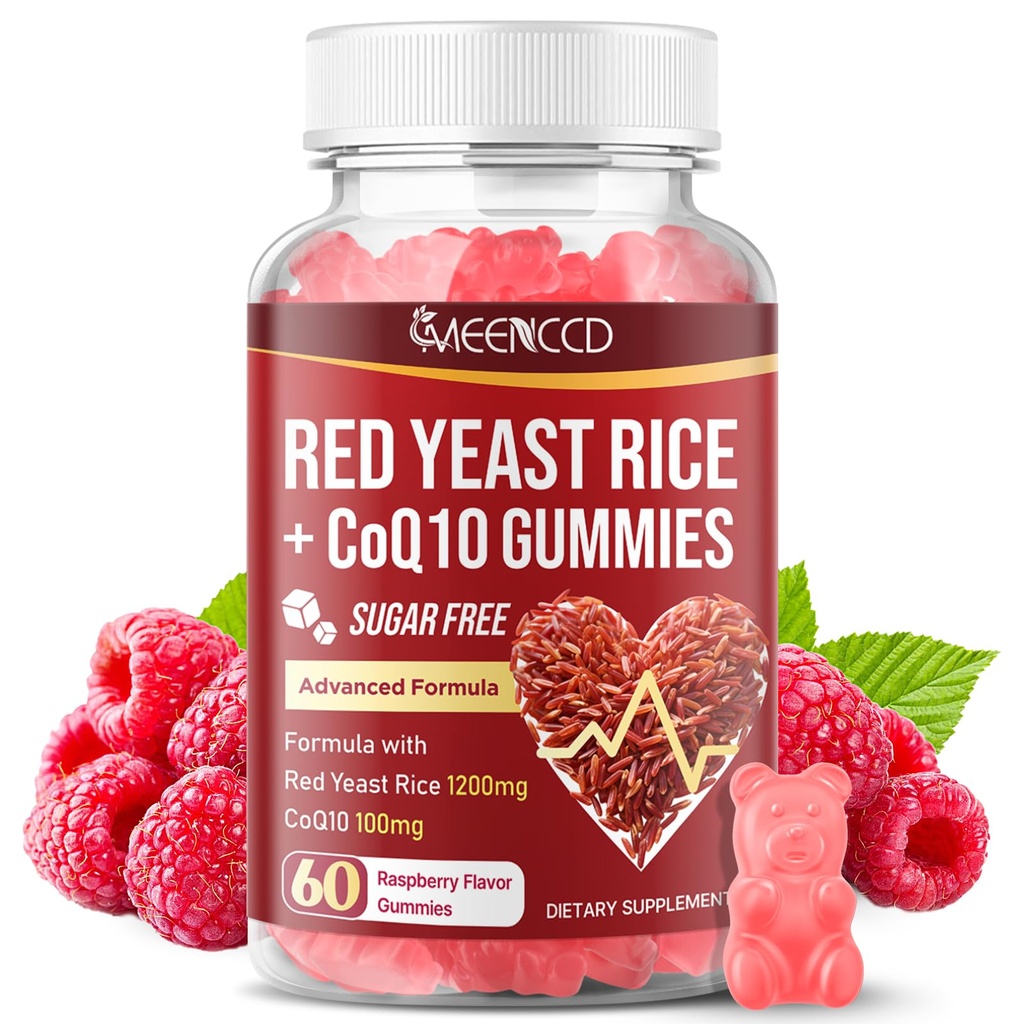 MEENCCD Red Yeast Rice with CoQ10 Gummies, Red Yeast Rice Supplement with Coenzyme Q10 for Overall Well-Being, Sugar Free, Vegan, Raspberry Flavor, 60 Count