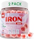 Vegan Iron Supplement for Women 25mg, Sugar Free Iron Gummies with Vitamin C, Methy B12, Folate for Energy Boost, Iron Deficiency, No After Taste, Peach Flavor - 60 Count (Pack of 2)