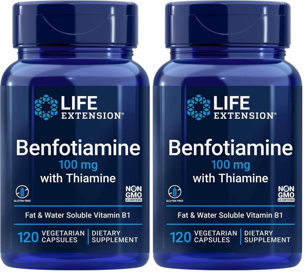 Life Extension Benfotiamine with Thiamine,Healthy Blood Sugar Metabolism Support,100 mg benfotiamine,Cardiovascular Health,Brain Health,Non-GMO,Gluten-Free,120 Vegetarian Capsules,(Pack of 2)
