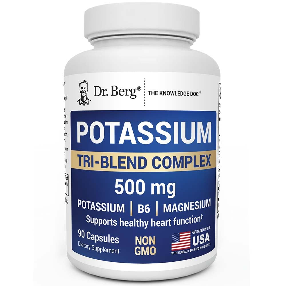 Dr. Berg Potassium Tri-Blend Complex – 500 mg Potassium Supplement for Muscle & Nerve Support* – Maximum Strength Potassium Formula w/Magnesium, B6 & Taurine – 90 Capsules