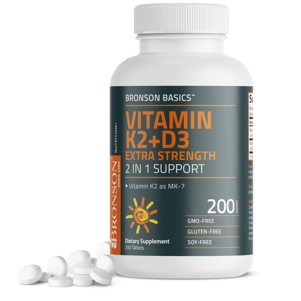 Bronson Vitamin K2 (MK7) with D3 Supplement Extra Strength 2 in 1 Support, 10,000 IU Vitamin D3 & 120 mcg K2 MK-7, 200 Tablets