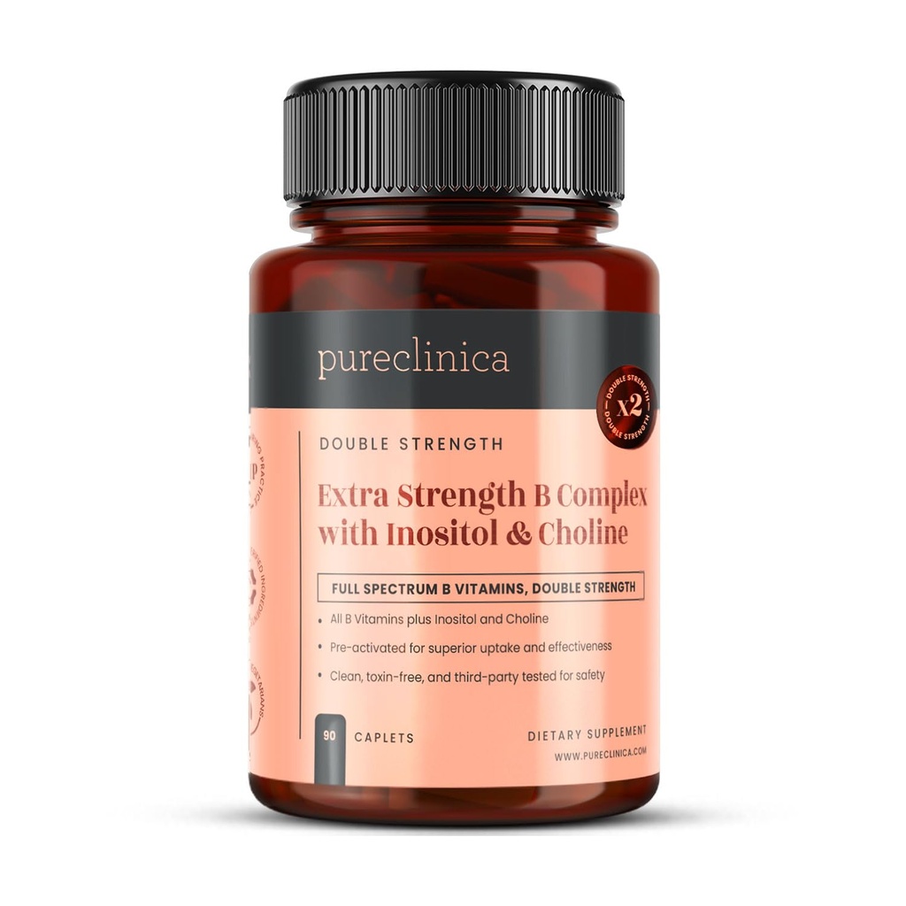 pureclinica Extra Strength B Complex with Inositol & Choline x 90 Caplets – High-Potency B Vitamins for Energy, Brain & Nerve Support – 3 Months Supply