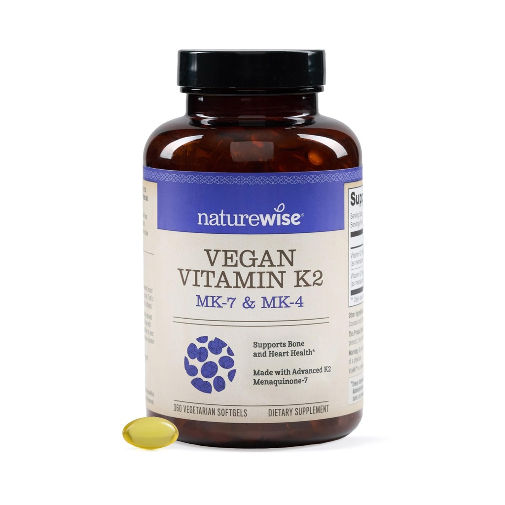 NatureWise Vitamin K2 600mcg Supplement with MK-7 100mcg & MK-4 500mcg - Enhanced Bioavailable Formula - K Complex for Bone and Heart Health - Vegan, Gluten Free, Non-GMO -360 Softgels[1-Year Supply]
