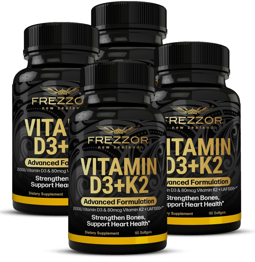 FREZZOR Vitamin D3 and K2 Caps, High Potency D3 2000IU and K2 (MK7) 80mcg, Unique VIT D3 from 100% New Zealand Sheep's Wool Lanolin Cardiovascular Support & Bone Health, 240 Softgels 4 Month Supply
