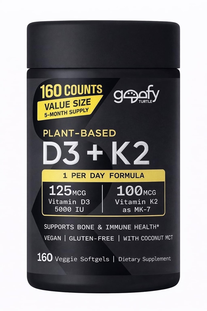 GOOFY TURTLE Sports Vitamin D3 K2 with 5000iu of Plant-Based D3 & 100mcg of Vitamin K2 as MK-7, Non-GMO Verified & Vegan Certified - 160 Liquid Softgels