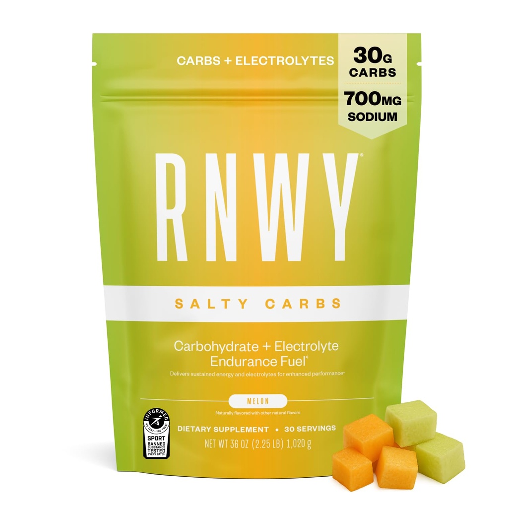 RNWY Salty Carbs Electrolyte Drink Mix 30g Dual-Action Carbs + 700mg Sodium, Endurance Fuel for Runs, Rides and Races, Gluten-Free, Dairy-Free, Non-GMO (30 Servings, Melon)