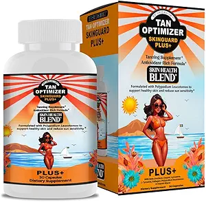 Tan Optimizer SkinGuard Plus+ – Ζάχαρη χωρίς δέψη & Αντιγήρανση συμπλήρωμα με 240mg Πολυποδίου, Βήτα Καροτένιο & Αντιοξειδωτικά για Ραδιενεργό, Νεανικό Δέρμα – 30 Κάψουλες