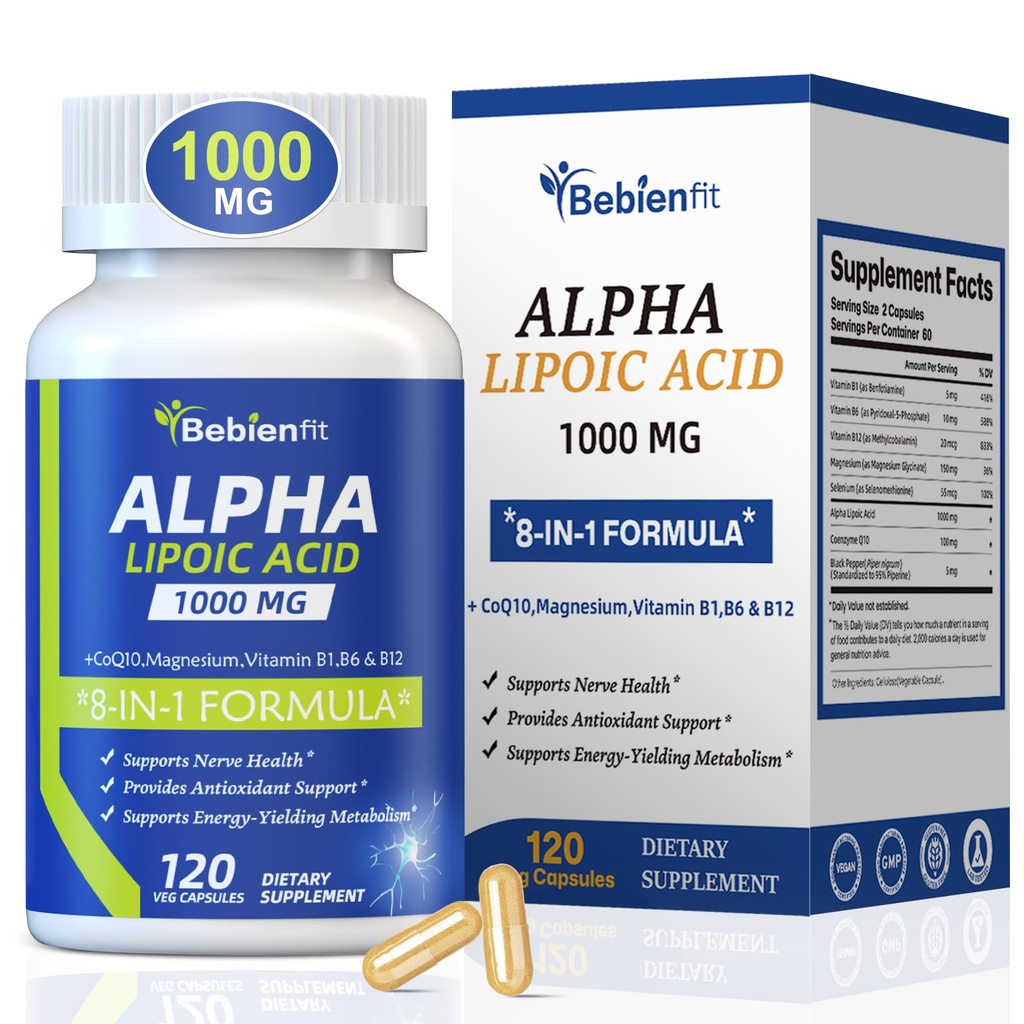 Alpha Lipoic Acid 1000mg Neuropathy Supplements Capsules, 8-IN-1 ALA for Nerve Health in Hands & Feet, Nervous System and Antioxidant with Magnesium Glycinate, CoQ10 & B1, B6, B12 – Vegan 120 Caps