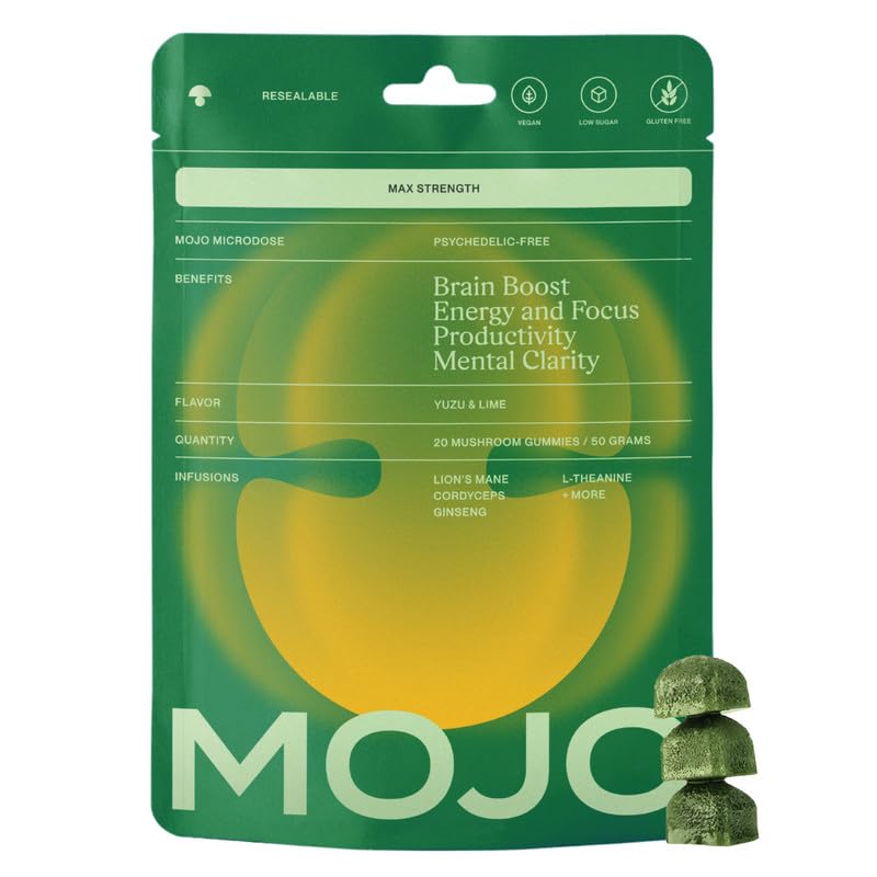 Mojo Focus Gummies Extra Strength with Lion’s Mane, Cordyceps, Ginseng & L-Theanine - Mushroom Gummies Brain Supplement for Adults, Memory/Energy Support, Focus Fuel, Yuzu Lime (1 Pack)