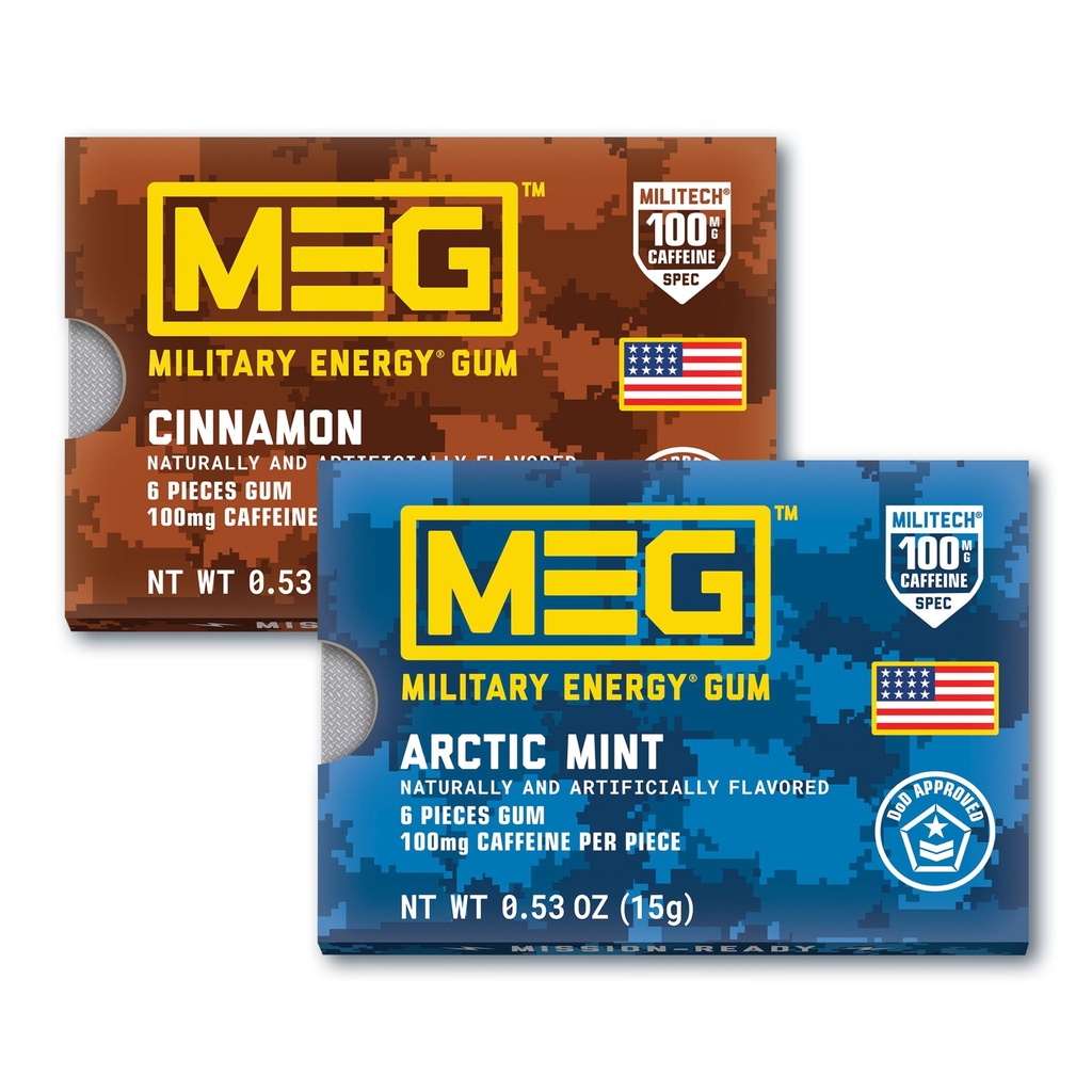 MEG (Military Energy Gum) - Cinnamon & Arctic Mint Bundle | Enhance Physical Performance -100mg of Caffeine Per Piece, Boost for Workouts, Alternative to Caffeinated Drinks | Pack of 12