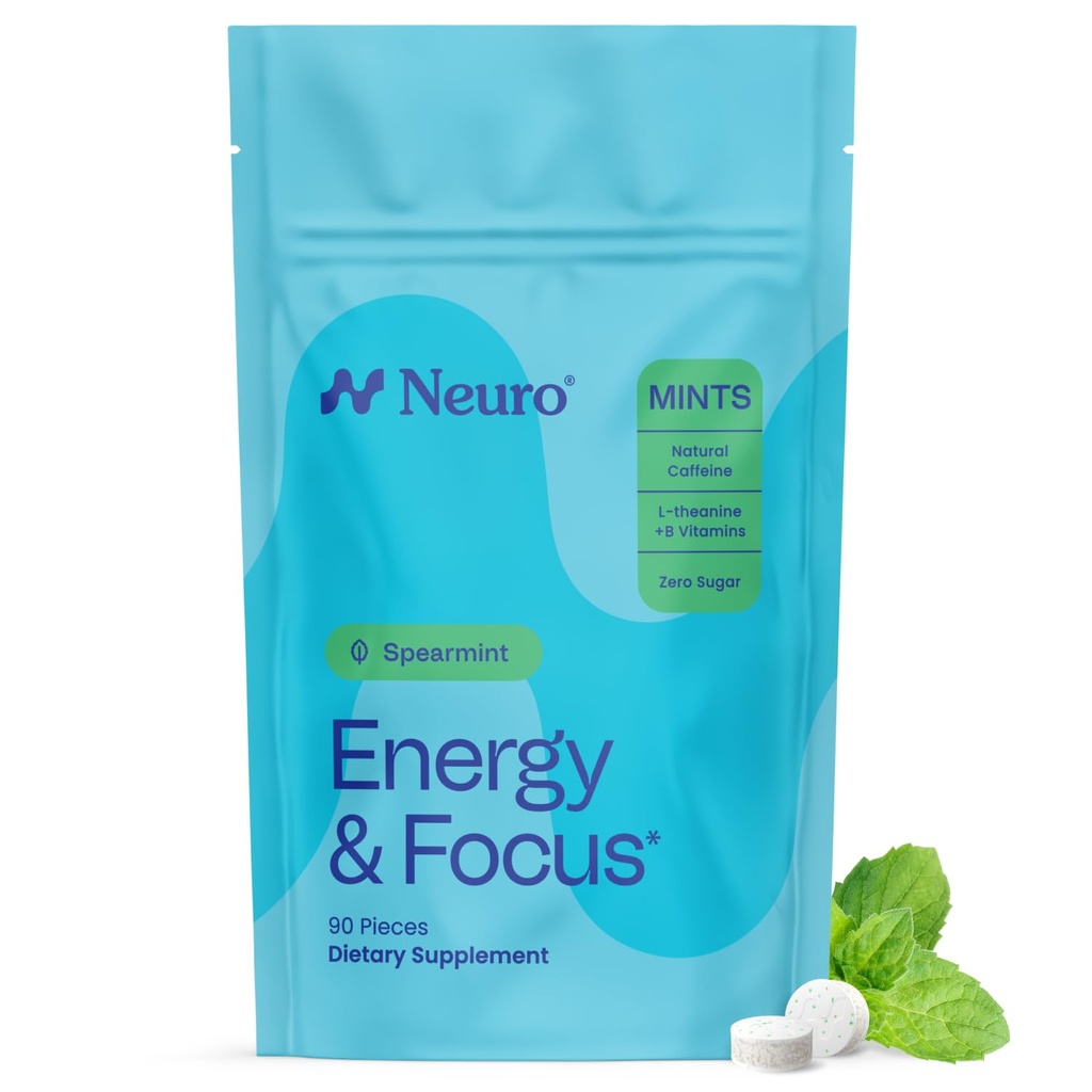 Neuro Energy & Focus Mints - Sugar Free Breath Mints with 40mg Natural Caffeine, B Vitamins & L-Theanine - Vegan Brain Supplement for Exercise, Study & Daily Focus - Spearmint, 90 ct