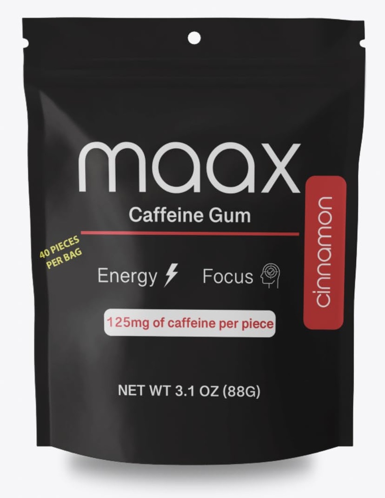 Maax Caffeine Energy Gum | 125mg of caffeine per piece | Cinnamon | 40 pieces per bag