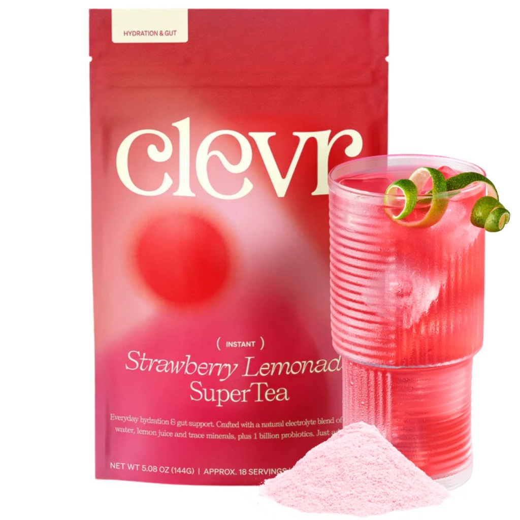 Clevr Strawberry Lemonade GLP-1 Friendly Electrolytes Hydration Drink Mix – No Added Sugar – Coconut Water with Strawberry & Lemon Juice, Trace Minerals & Gut Supporting Probiotics – Caffeine-Free SuperTea – 18 Servings
