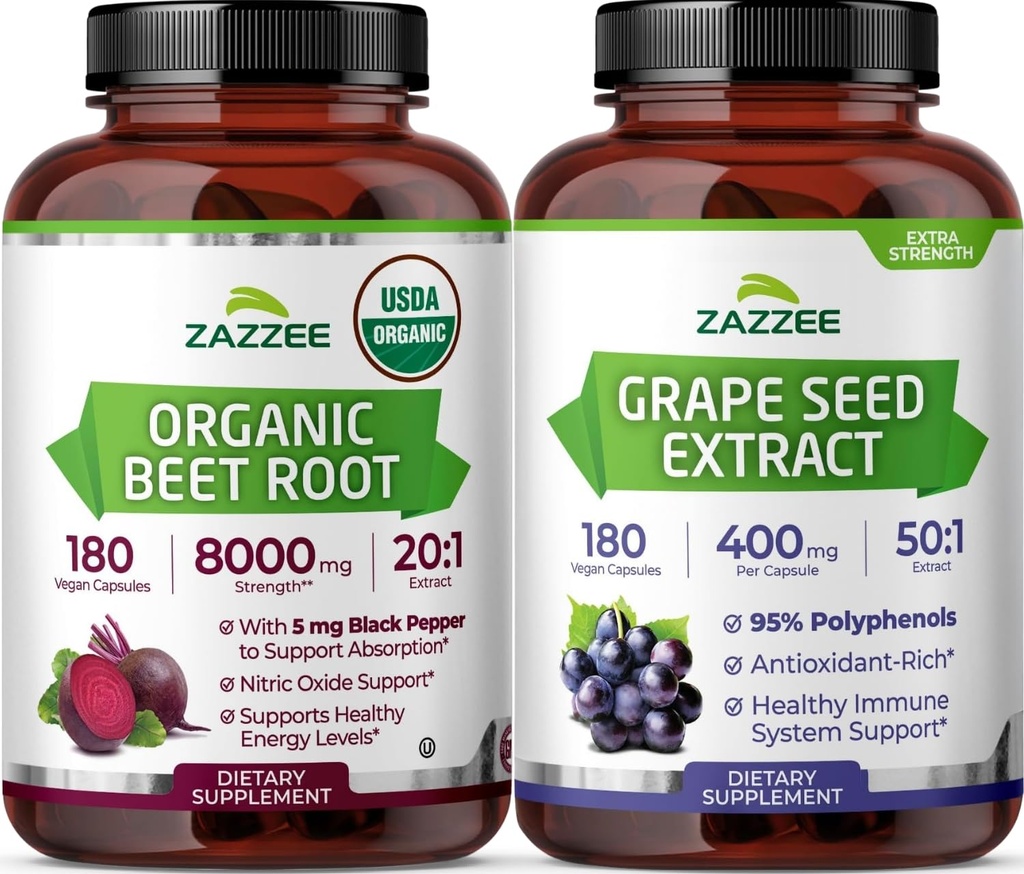Zazzee Herbal B Pressure Support Bundle | 50:1 Grape Seed Extract Capsules Plus 20:1 Organic Beet Root Capsules | Non-GMO Vegan & ISO Lab Tested (180 Servings Each)