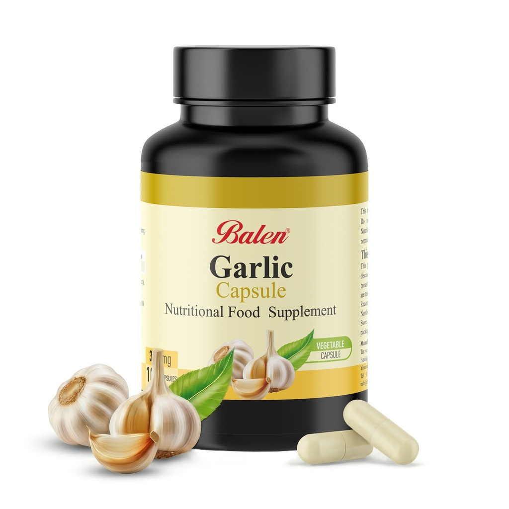 Balen Organic Garlic Powder Capsules 375mg-100 Soft Capsule, Aged Extract Supports, Blood Pressure Stabilizer, Cholesterol Support, Natural Garlic Supplement, Herbal Formule