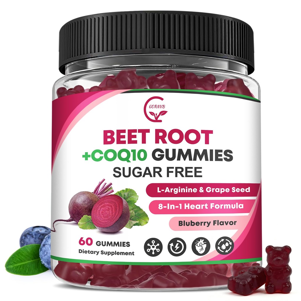 Beet Root Gummies – Beetroot Supplement with CoQ10, L-Arginine & Grape Seed Extract, Nitric Oxide Booster, Support Blood Pressure and Heart Health, Antioxidant Support, Vegan, Gluten Free – 60 Counts