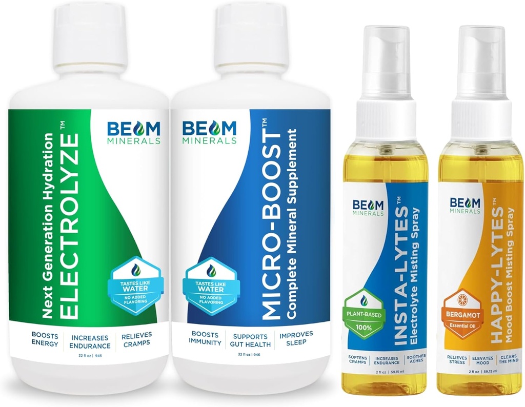 Beam Minerals Micro-Boost Humic Mineral Blend & Electrolyze Liquid and Insta-Lytes Natural Liquid Electrolytes 2oz and Happy-Lytes Fluvic Electrolyte Misting Spray 2oz
